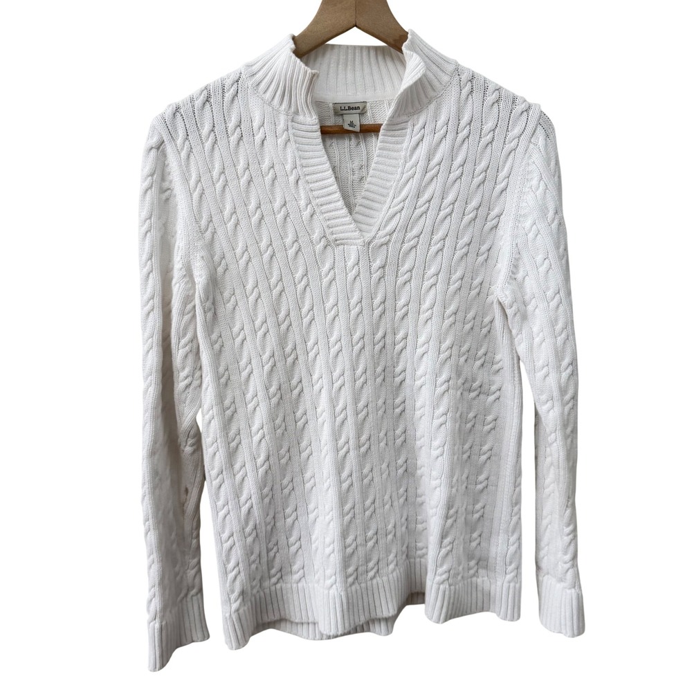 L.L. Bean Sweater Size M White Cable Knit Split Neck Mock Cotton